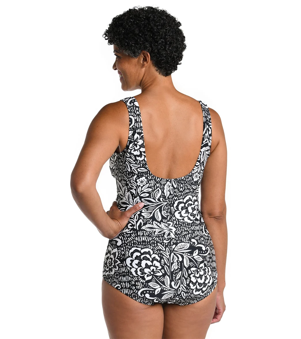 Maxine Women's Tahitian Tribe Floral Shirred Front Girl Leg One Piece Swimsuit - Image 2