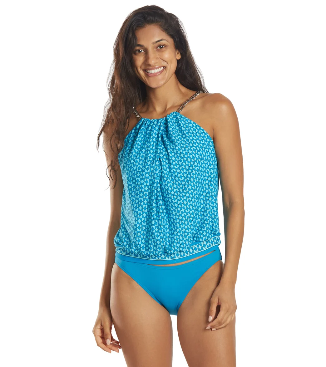 Michael Kors Women's Geo Print Blouson High Neck Tankini Top