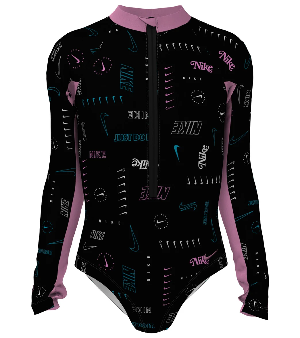 Nike Girls' Logo Toss Long Sleeve One Piece Swimsuit (Big Kid) - Image 10