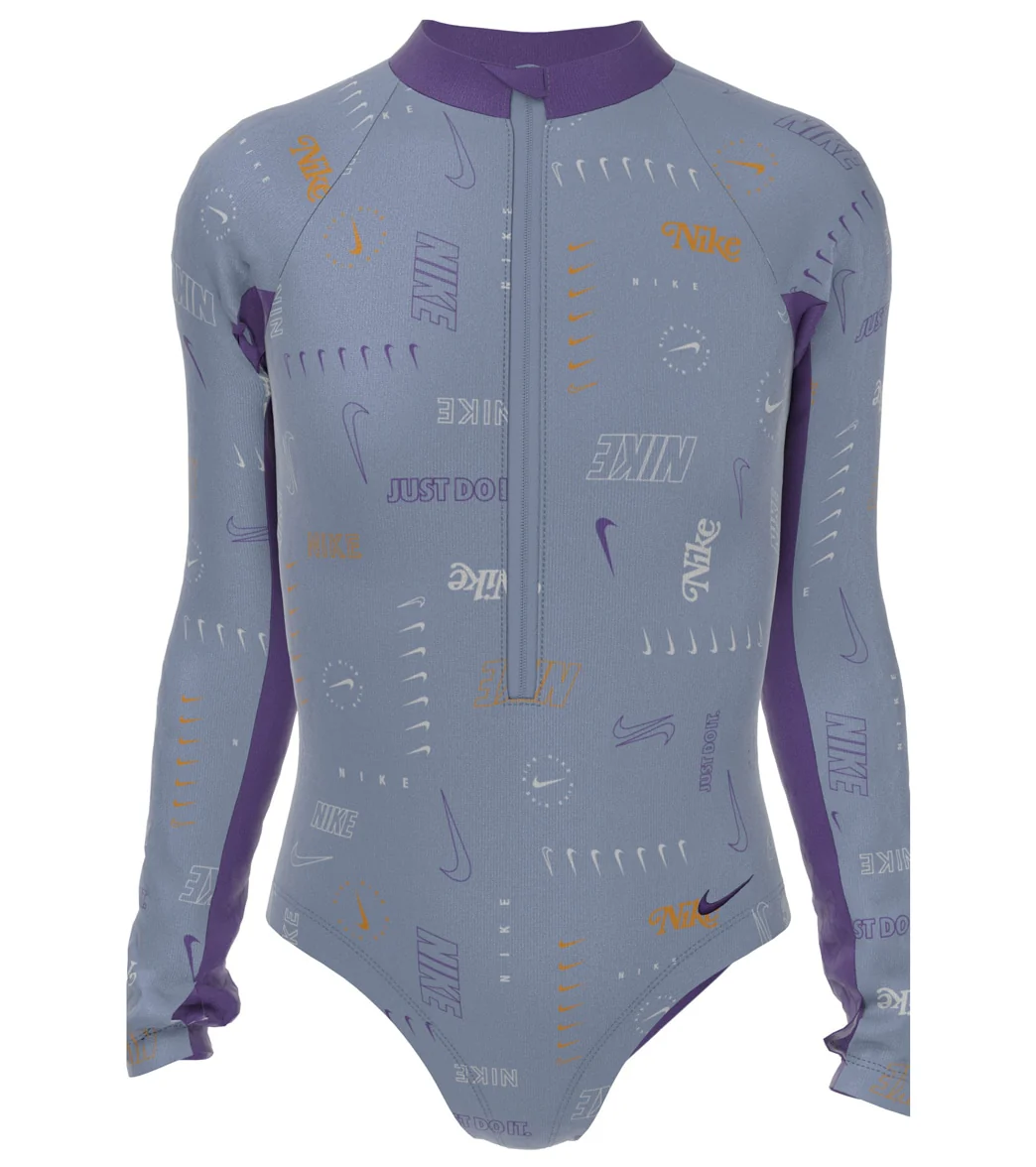 Nike Girls' Logo Toss Long Sleeve One Piece Swimsuit (Big Kid) - Image 11