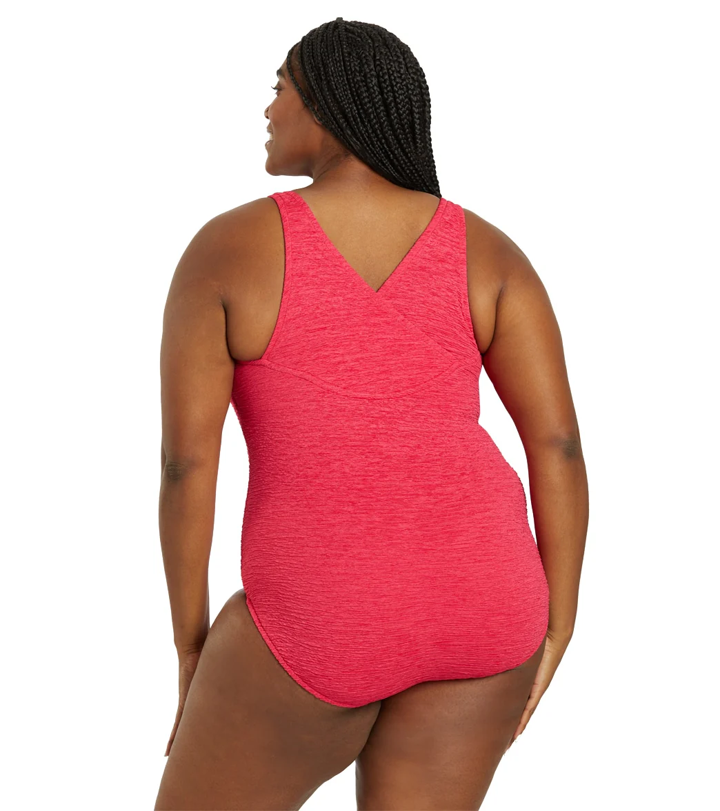 Penbrooke Krinkle Women's Plus Size Chlorine Resistant Cross Back Long Torso One Piece Swimsuit - Image 9