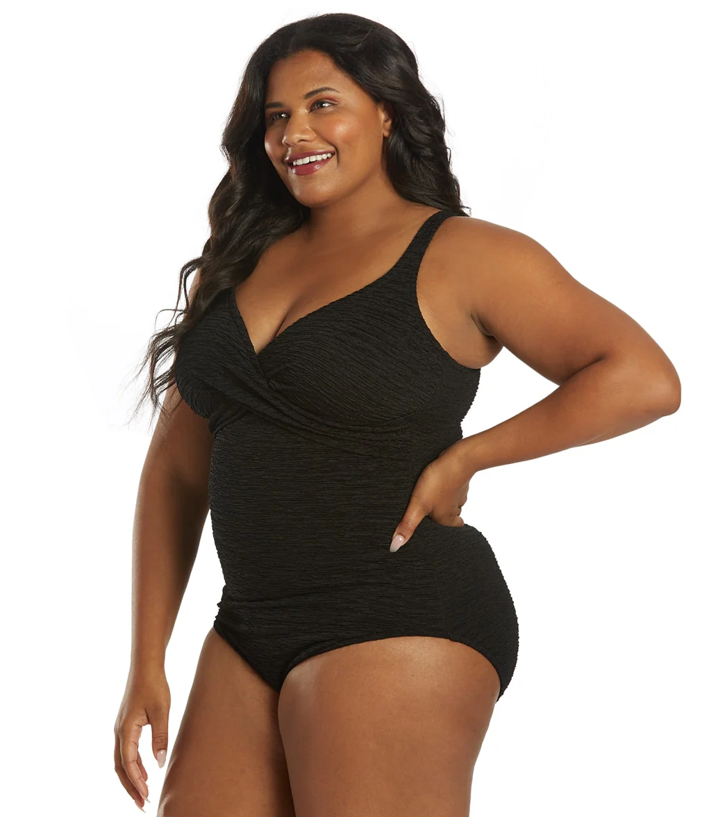 Penbrooke Krinkle Women's Plus Size Chlorine Resistant  Twist Front  Long Torso One Piece Swimsuit - Image 24