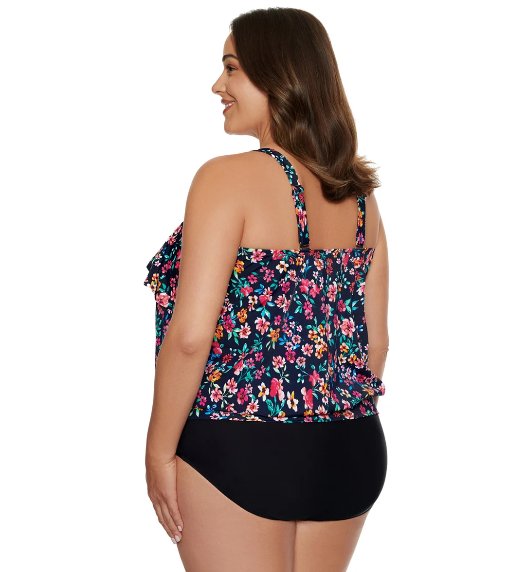 Penbrooke Women's Plus Size Sweetest Escape Bandeau Split Ruffle Blouson Tankini Top - Image 2