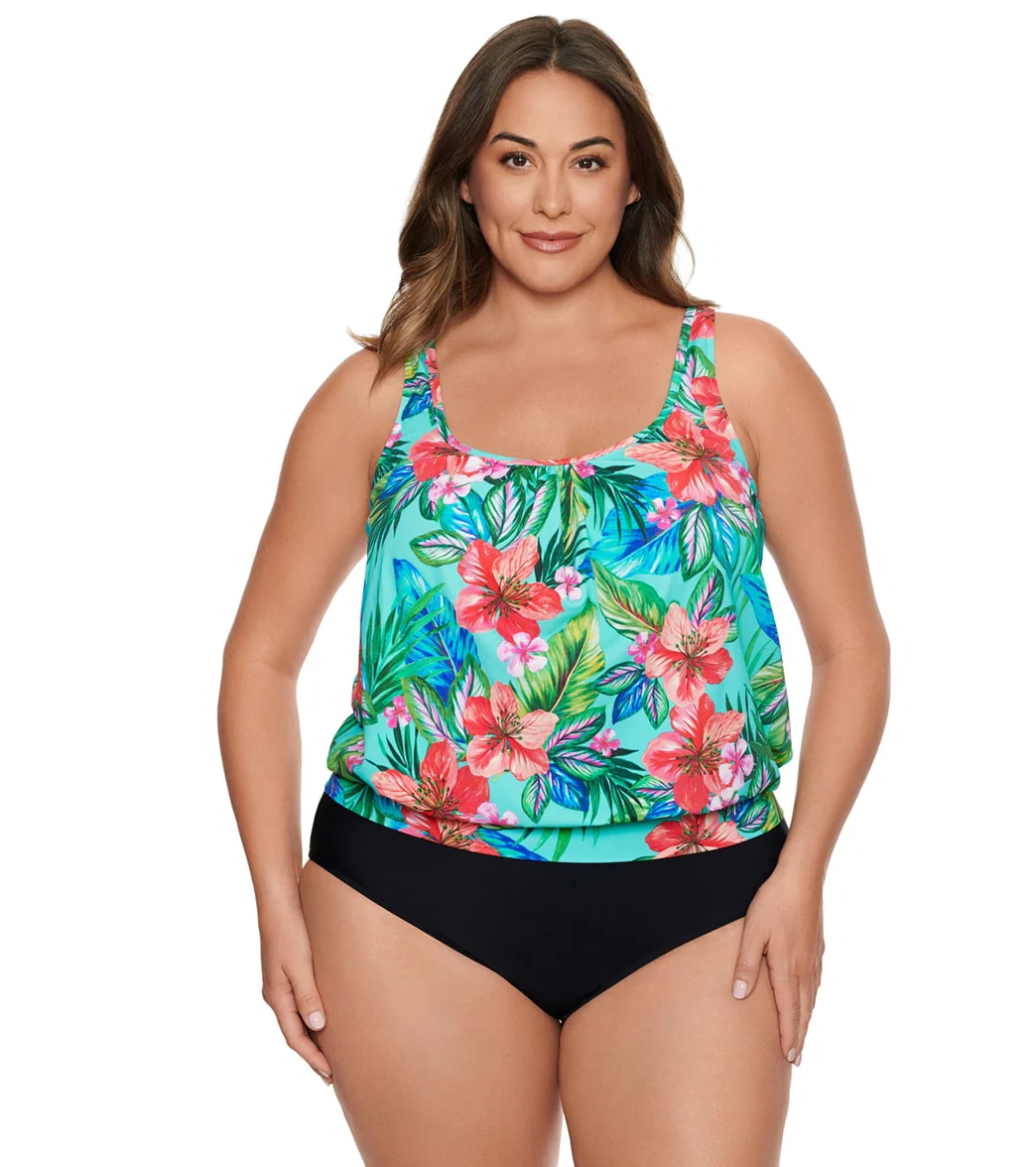Penbrooke Women's Plus Size Taste of Tropic Shirred Neck Blouson Tankini Top - Image 5