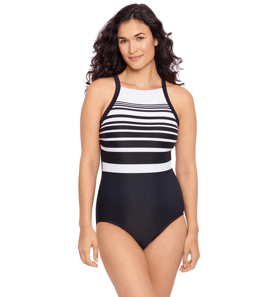 Reebok Women's Insta Stripe High Neck Chlorine Resistant One Piece Swimsuit - Image 5