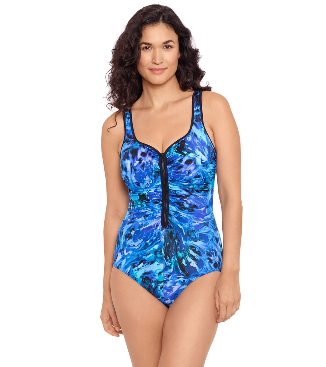 Reebok Women's Lazer Tag Zipper Chlorine Resistant One Piece Swimsuit - Image 5