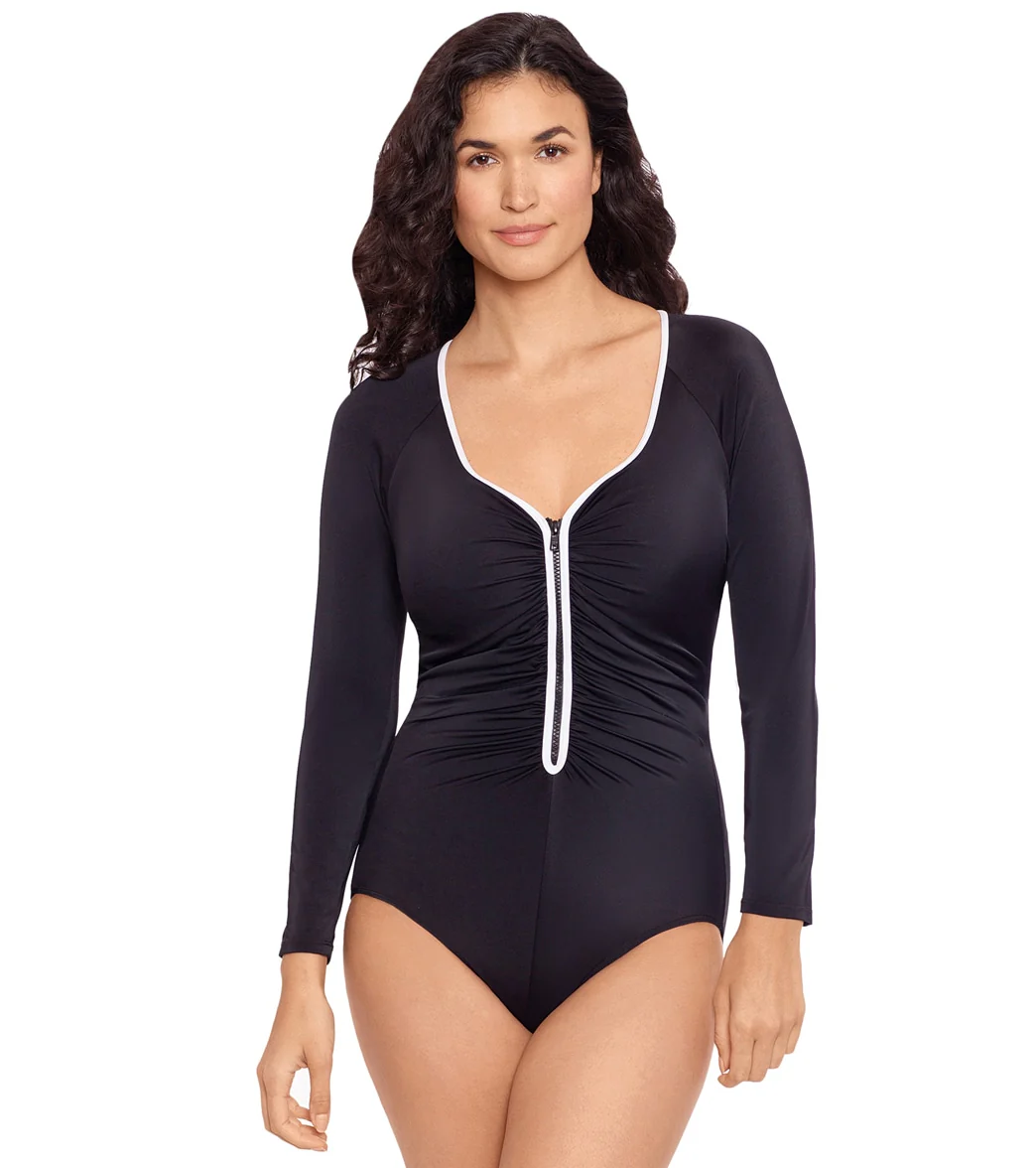Reebok Women's Long Sleeve Shirred Chlorine Resistant One Piece Swimsuit - Image 7
