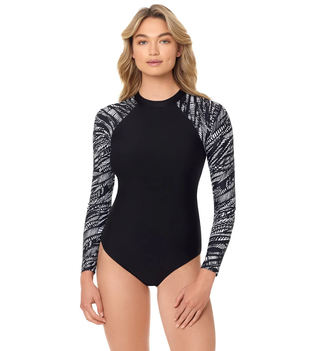 Reebok Women's Texture Tracks Long Sleeve One Piece Swimsuit
