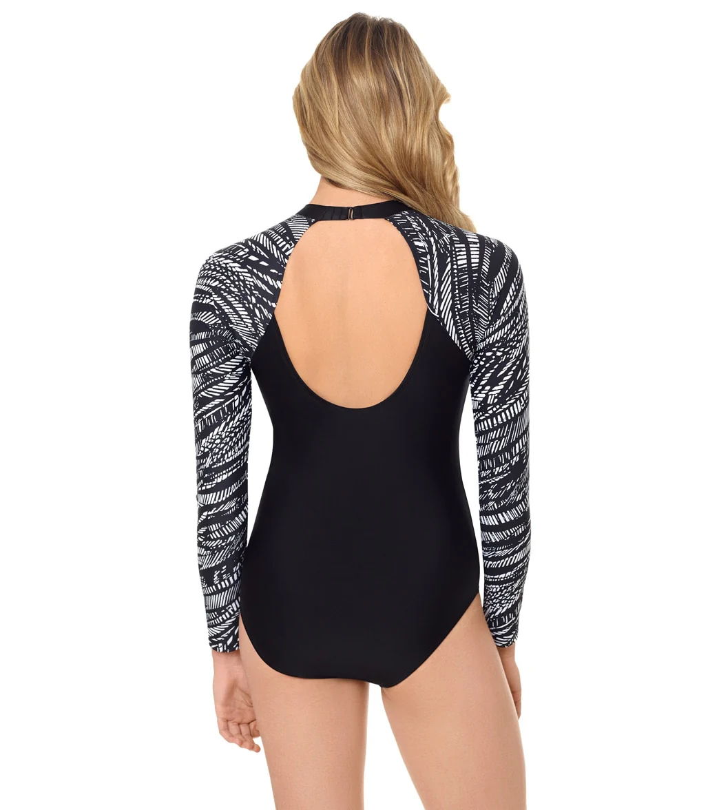 Reebok Women's Texture Tracks Long Sleeve One Piece Swimsuit - Image 3