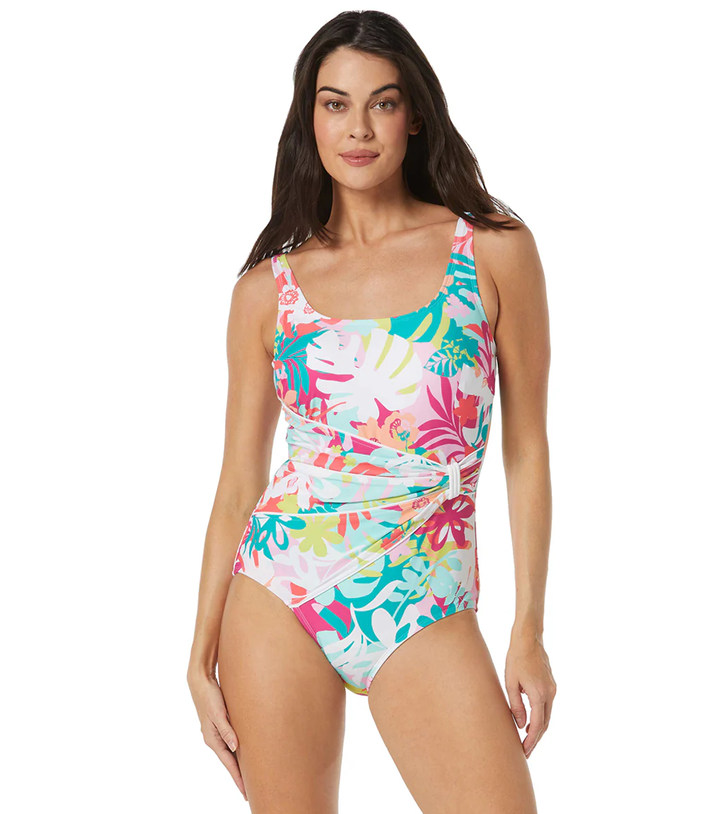Roxanne Women's Bra Sized Chlorine Resistant Pacific Palm Draped Sash One Piece Swimsuit (D/DD Cup)