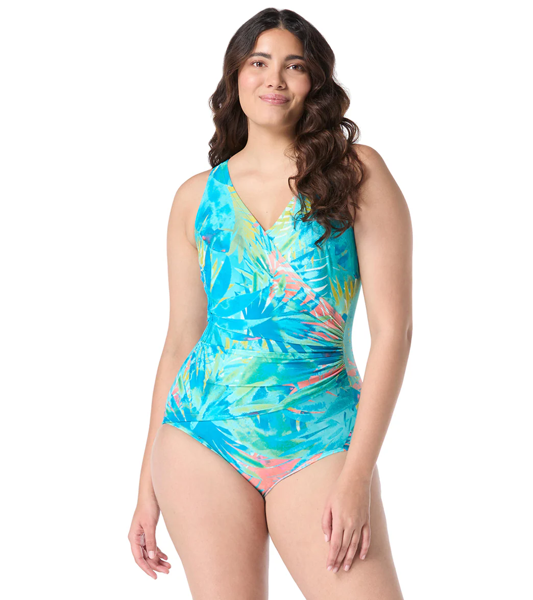 Roxanne Women's Chlorine Resistant Bra Sized Paradise Palm Surplice One Piece Swimsuit (D/DD Cup) - Image 5