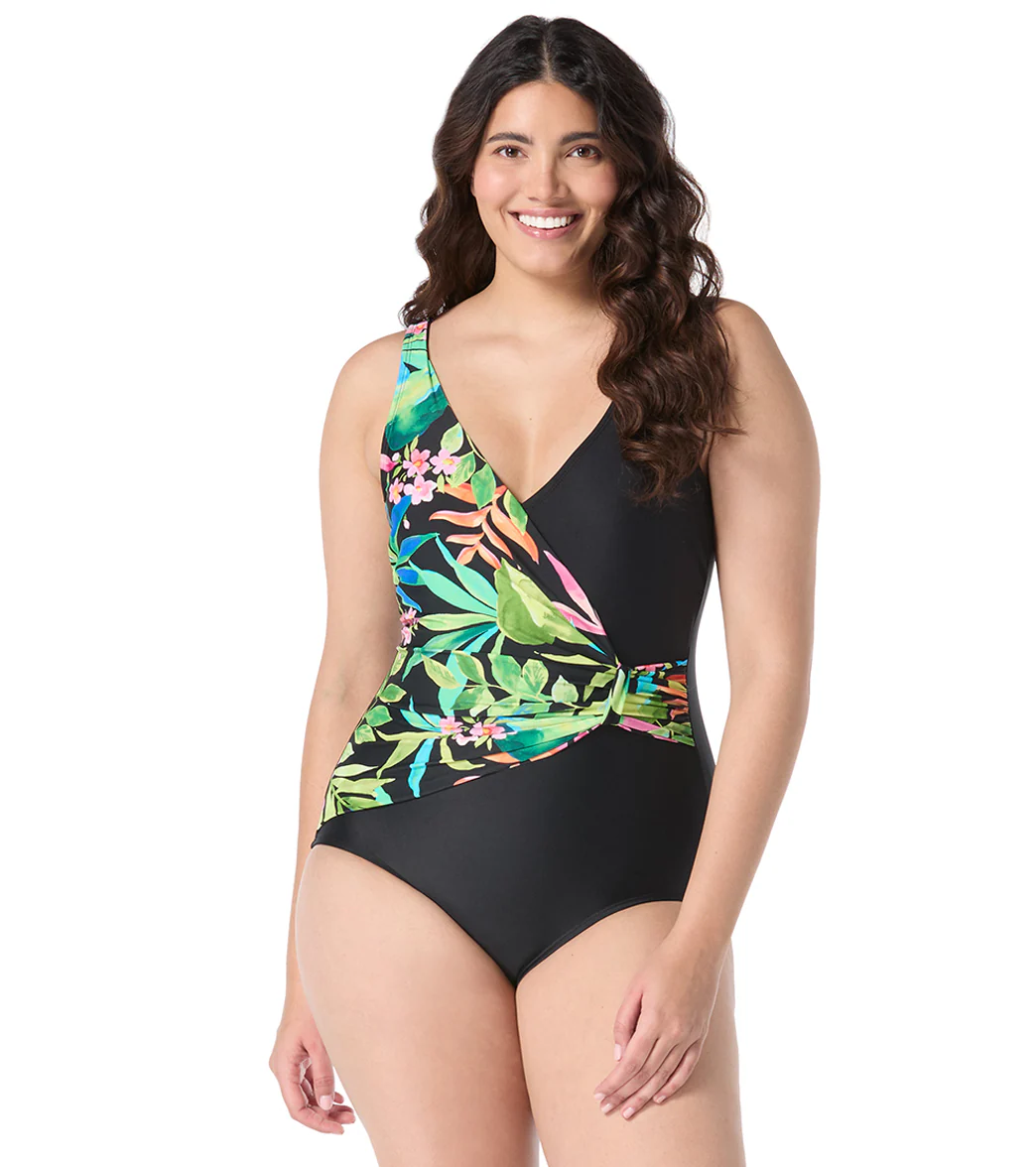 Roxanne Women's Chlorine Resistant Bra Sized Tropical Draped Sash One Piece Swimsuit (D/DD Cup) - Image 5