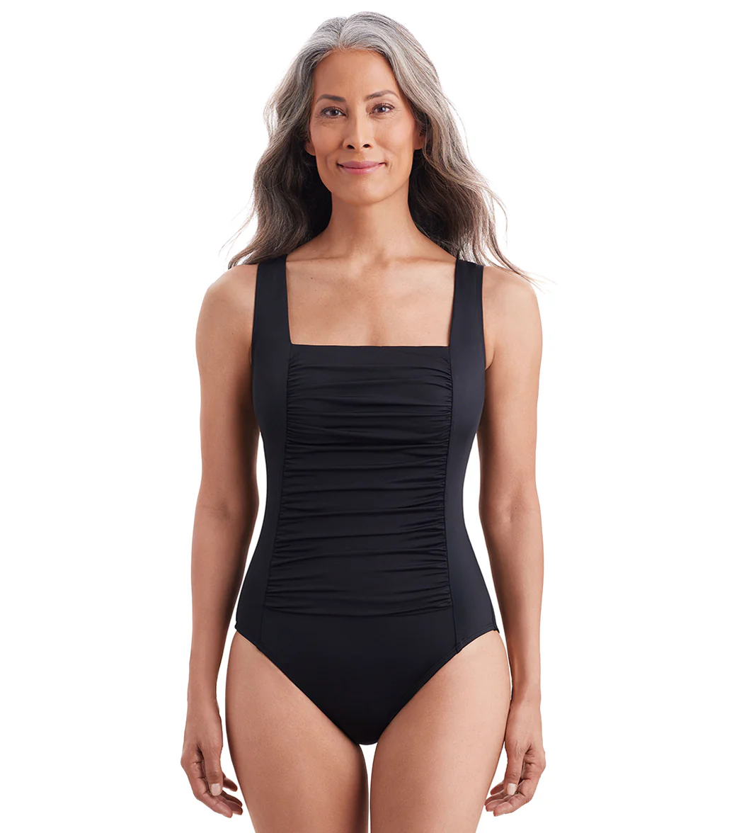 Shape Solver By Penbrooke Women's Divine Solids Square Neck Princess Seam One Piece Swimsuit