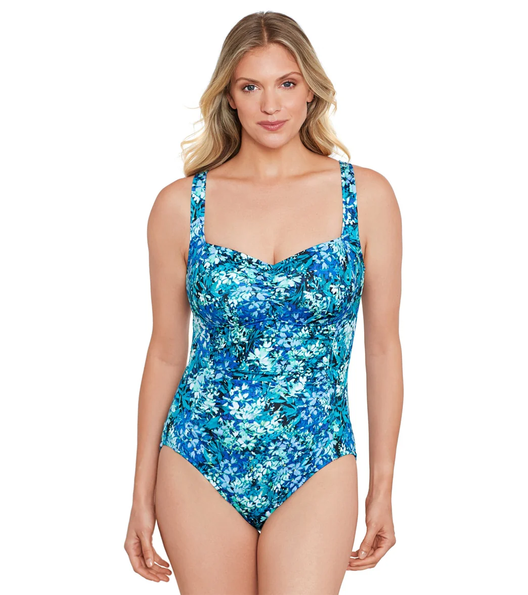 Shape Solver By Penbrooke Women's Floral Frenzy Spa Chlorine Resistant  Shirred Bodice  One Piece Swimsuit - Image 5