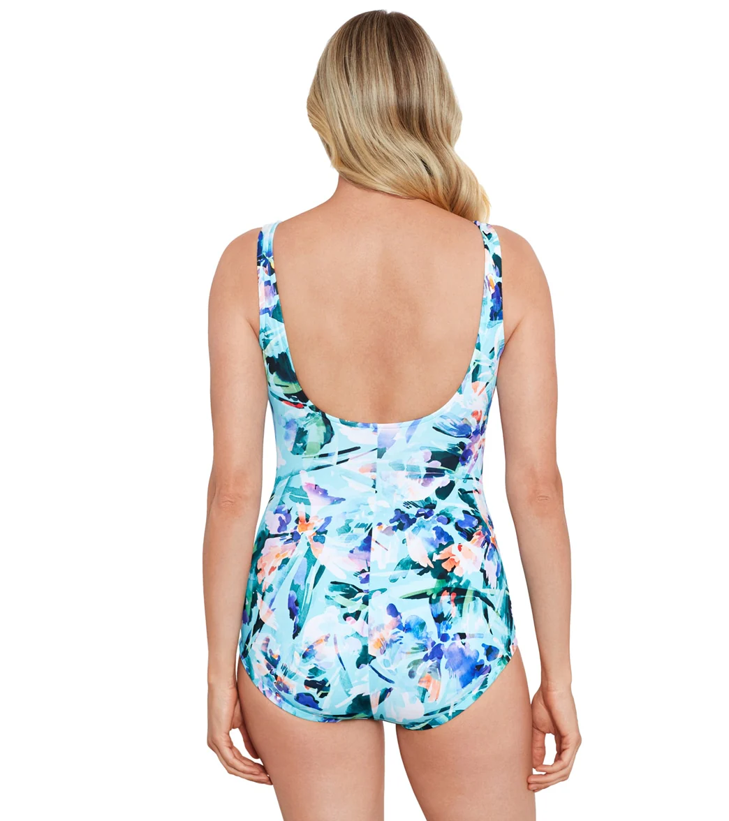 Shape Solver By Penbrooke Women's Graphic Garden Shirred Front Girl Leg Once Piece Swimsuit - Image 3
