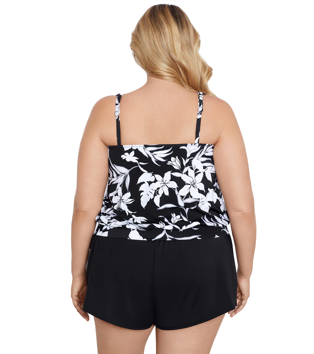 Shape Solver By Penbrooke Women's Plus  Night Shade Shirred Neck Blouson Tankini Top - Image 3