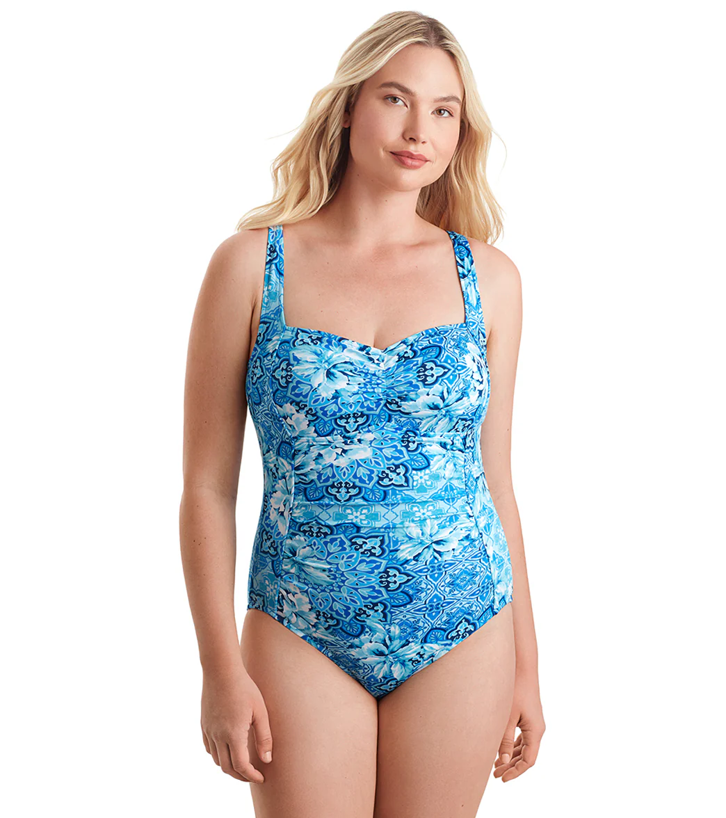 Shape Solver SPORT Women's Chlorine Resistant Spa  Barcelona Blues Shirred Bodice Tank One Piece Swimsuit - Image 5