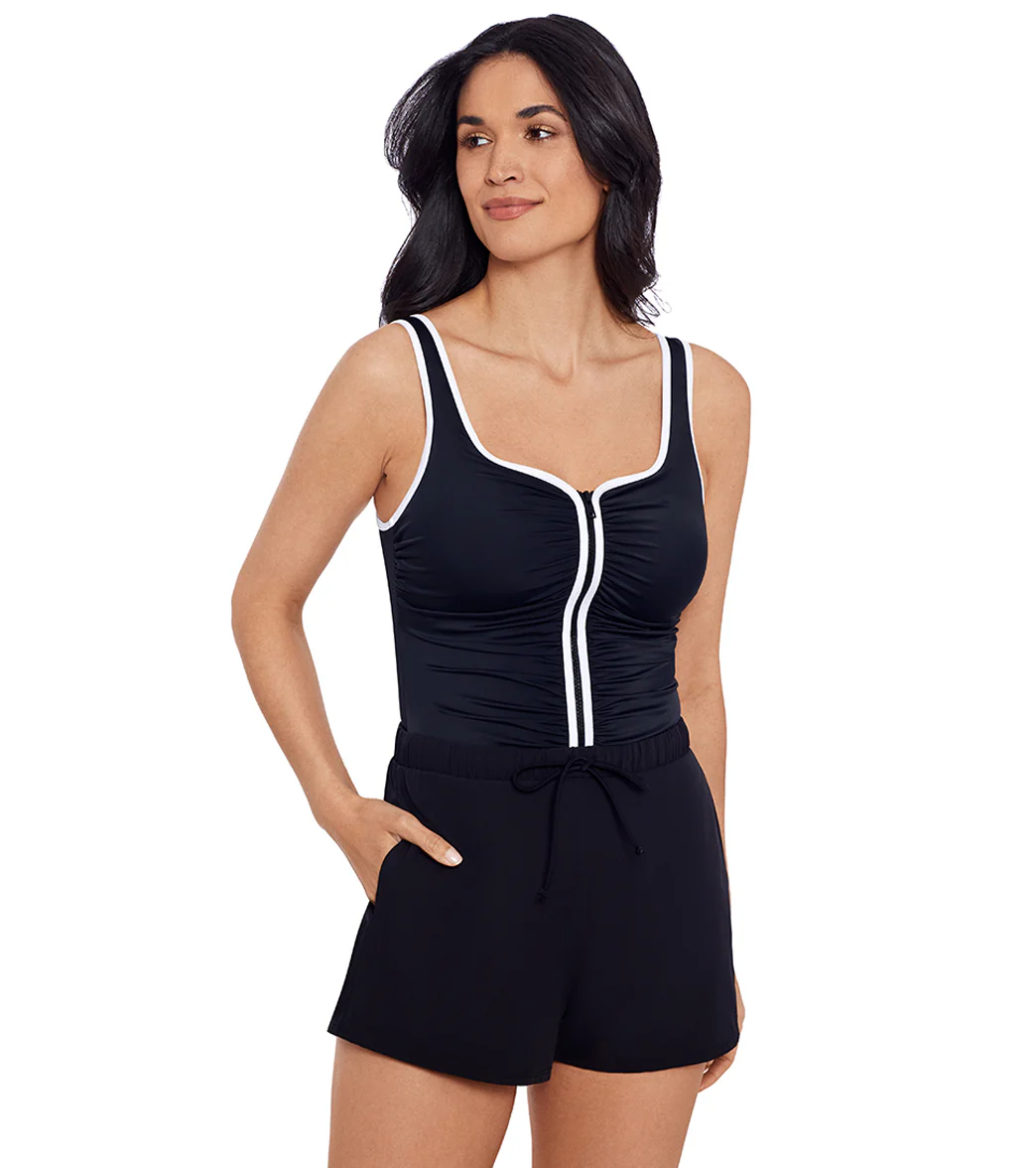 Shape Solver SPORT Women's Color Coated Shirred Zipper Swim Romper - Image 2