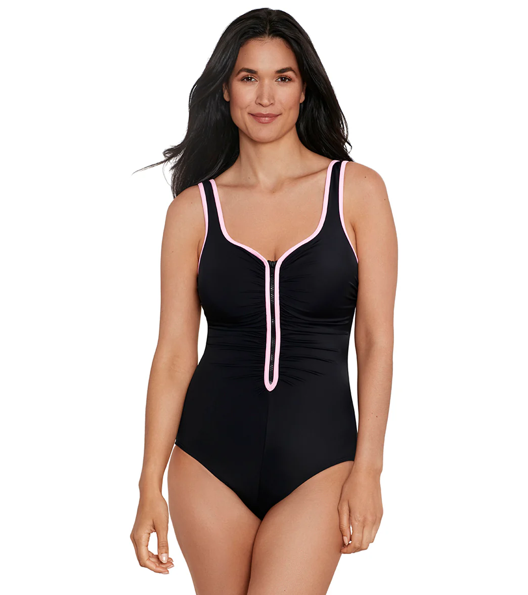 Shape Solver SPORT Women's Color Coated Shirred Zipper Tank One Piece Swimsuit