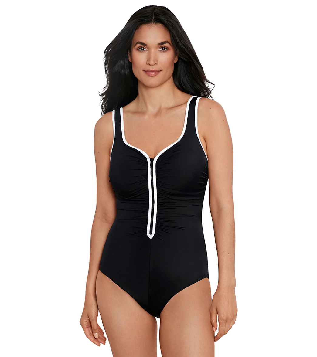 Shape Solver SPORT Women's Color Coated Shirred Zipper Tank One Piece Swimsuit - Image 13