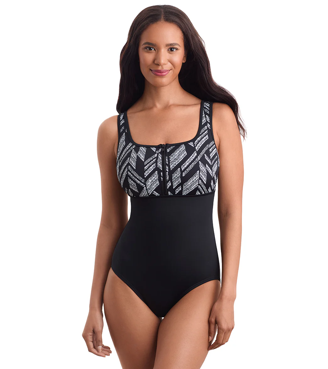 Shape Solver SPORT Women's Herringbone Scoopneck Zipper Tank One Piece Swimsuit - Image 2