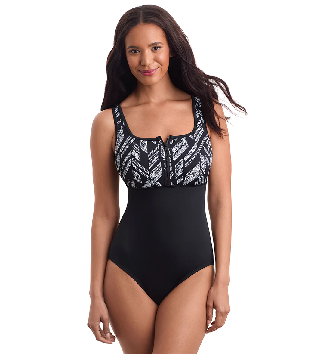 Shape Solver SPORT Women's Herringbone Scoopneck Zipper Tank One Piece Swimsuit - Image 8