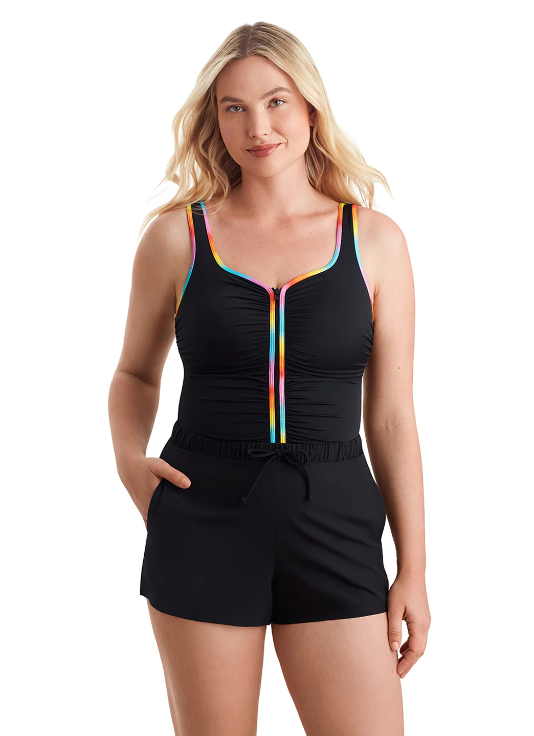 Shape Solver SPORT Women's Ombre Sorbet Shirred Zipper Runaround One Piece Swimsuit - Image 2