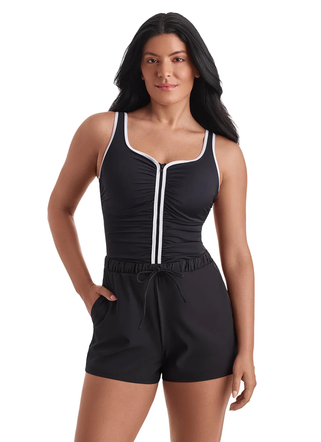 Shape Solver SPORT Women's Solids Shirred Zipper Runaround One Piece Swimsuit - Image 7