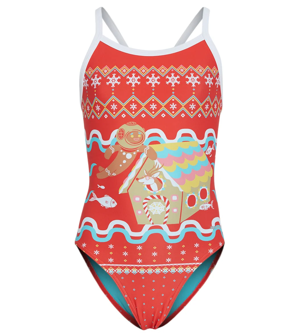 Sporti Limited Edition Ugly Sweater Gingerbread Diver Thin Strap One Piece Swimsuit Youth (22-28) - Image 5