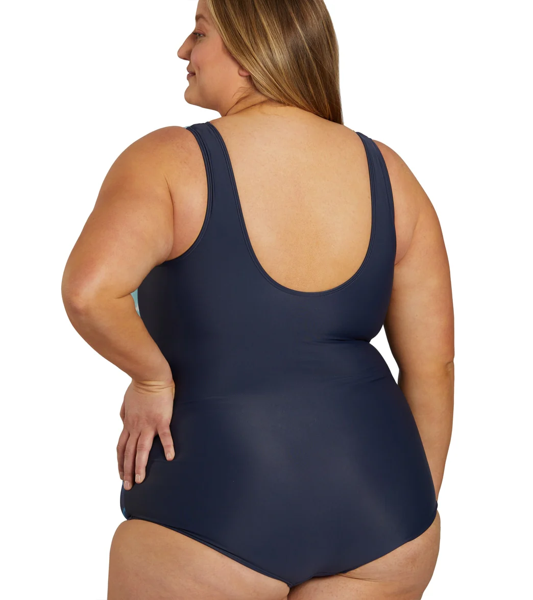 Sporti Plus Size Shibori Conservative Printed Ombre Girl Leg One Piece Swimsuit - Image 12