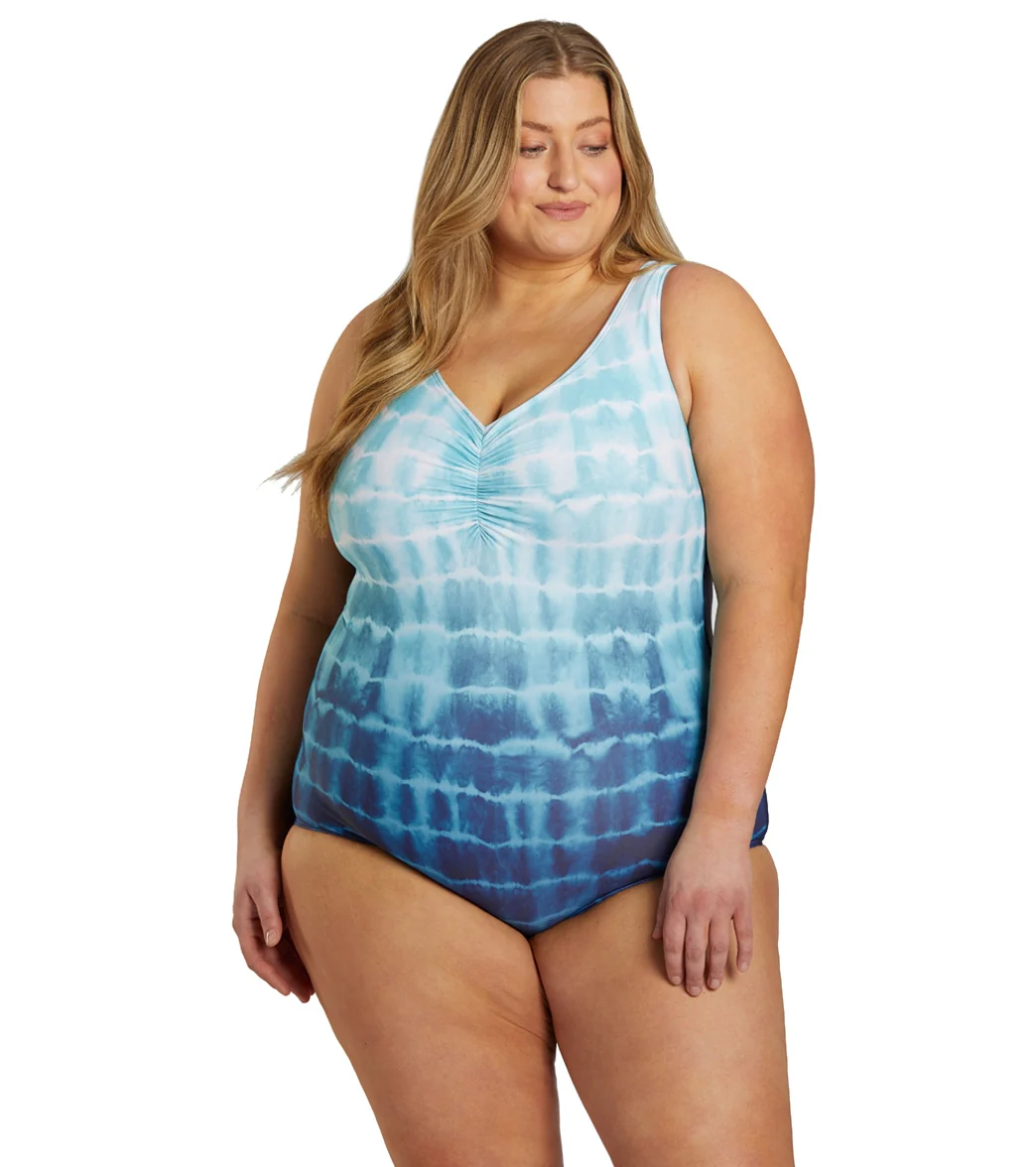Sporti Plus Size Shibori Conservative Printed Ombre Girl Leg One Piece Swimsuit - Image 13