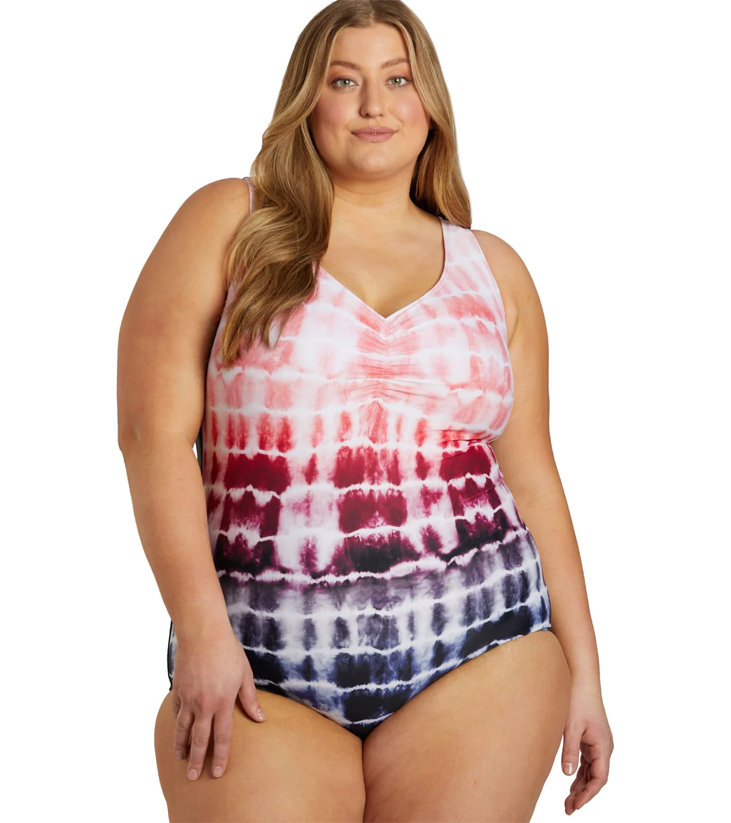 Sporti Plus Size Shibori Conservative Printed Ombre Girl Leg One Piece Swimsuit - Image 17