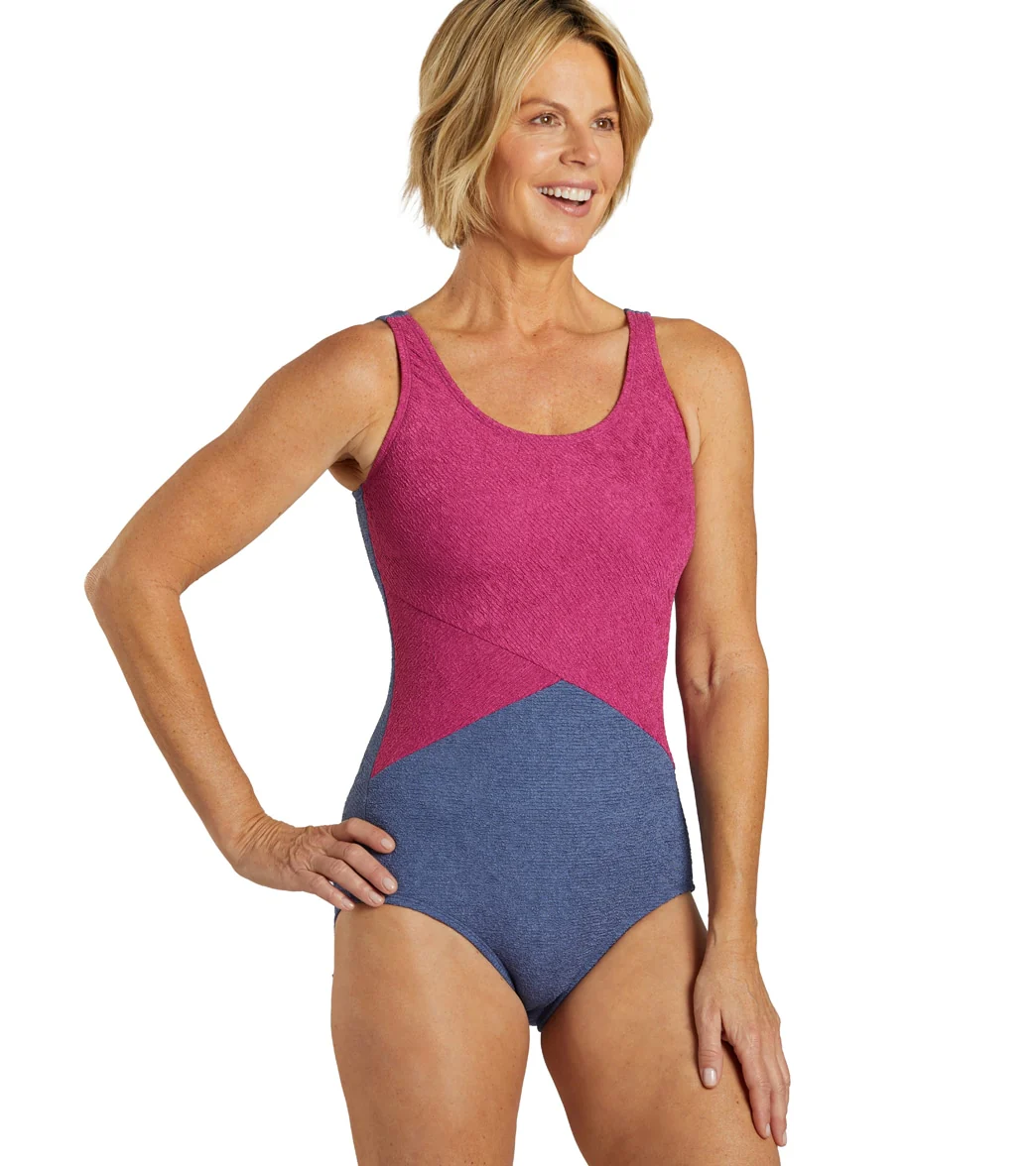 Sporti Textured Chlorine Resistance Asymmetric Colorblock One Piece Slimsuit - Image 26