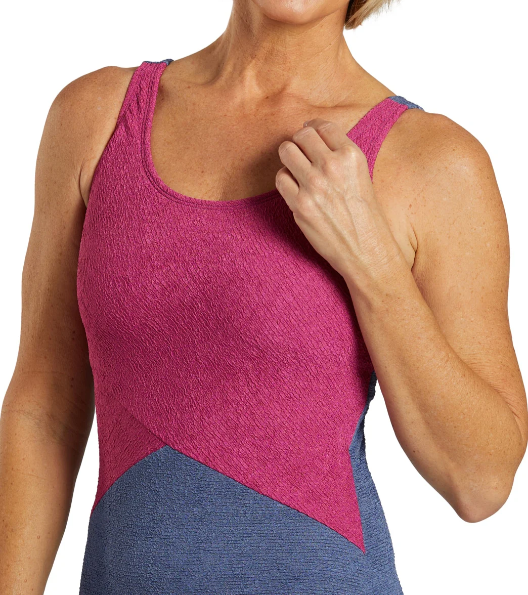Sporti Textured Chlorine Resistance Asymmetric Colorblock One Piece Slimsuit - Image 30