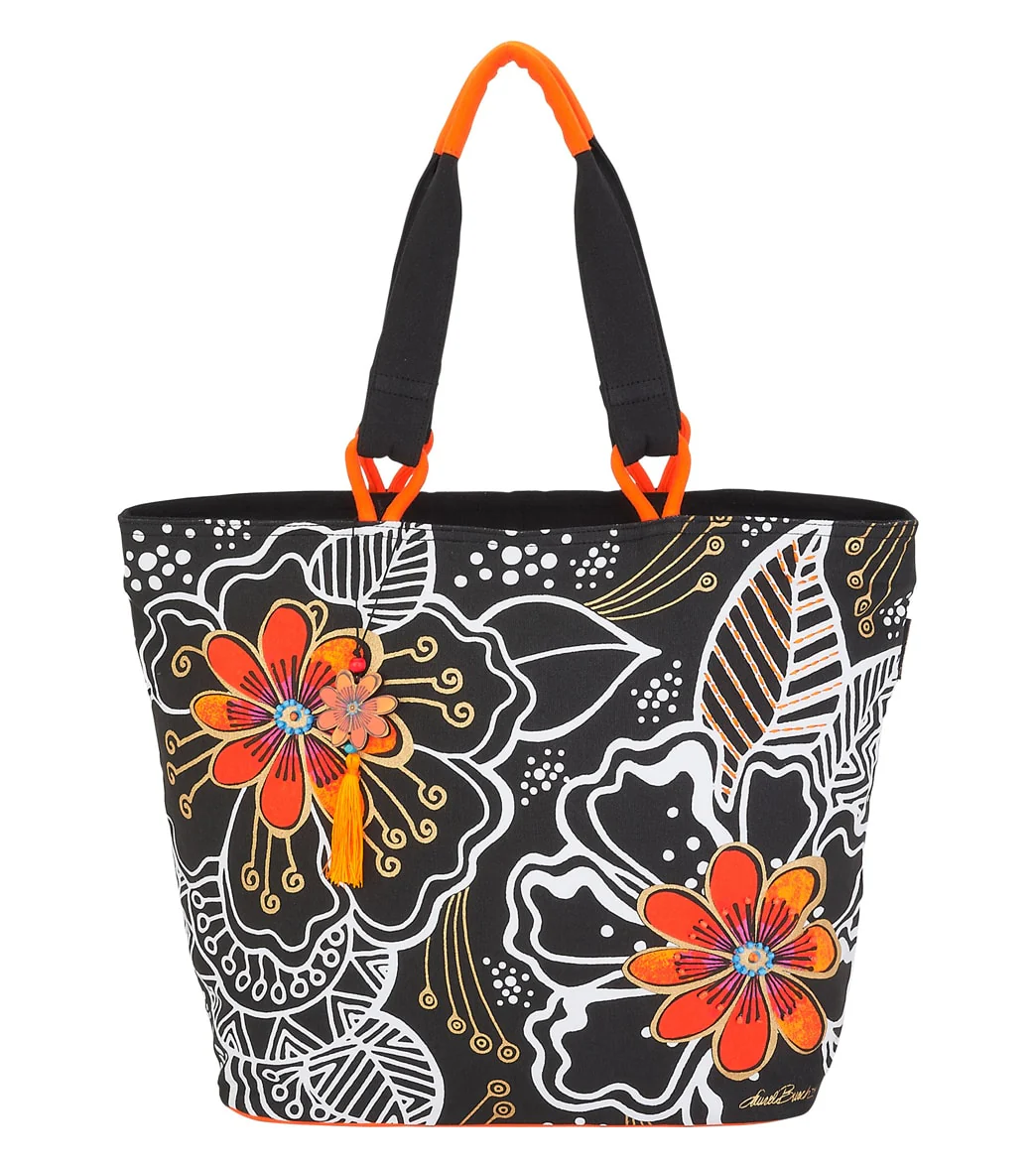 Sun N Sand Laurel Burch White on Black Floral Shoulder Tote - Image 3