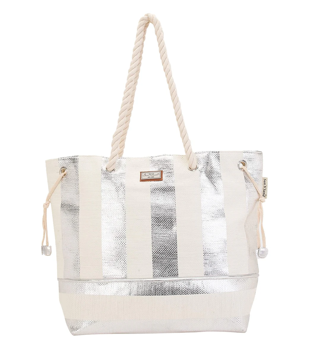 Sun N Sand Silver Metallic Striped Shoulder Tote - Image 3