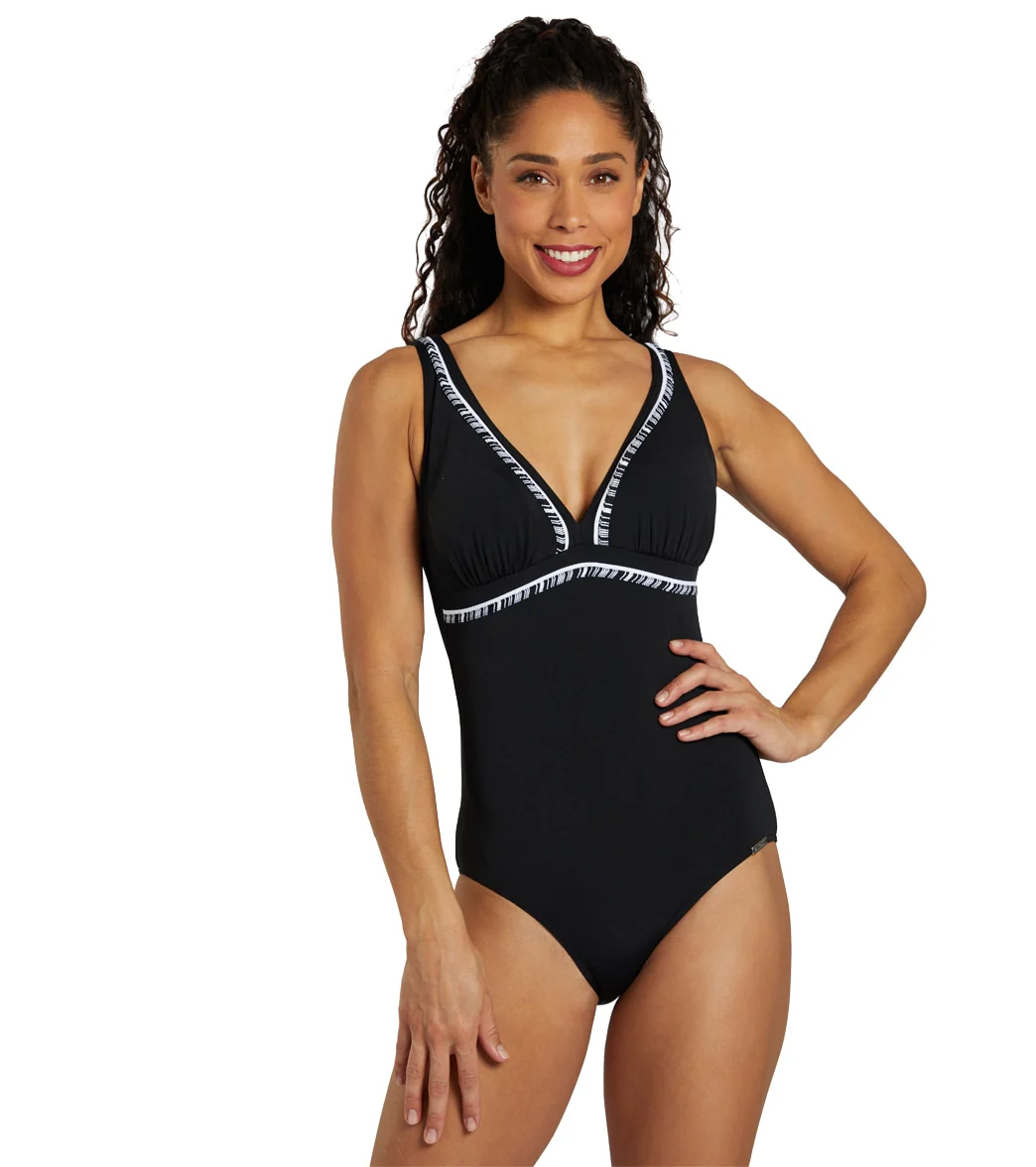 Sunmarin Women's Chlorine Proof V Neck Piped One Piece Swimsuit - Image 7