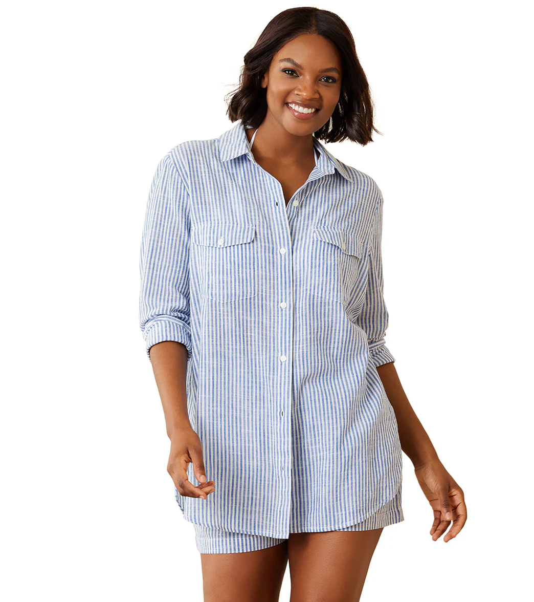 Tommy Bahama Women's Shoreline Stripe Boyfriend Shirt - Image 6